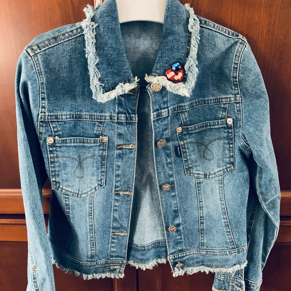 Cool Blue jean jacket with sparkling heart US flag at its back girls age 9 - 10